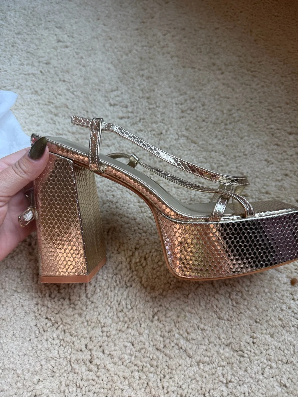 PrettyLittleThing Metallic Gold Platform Block Heel Sandals